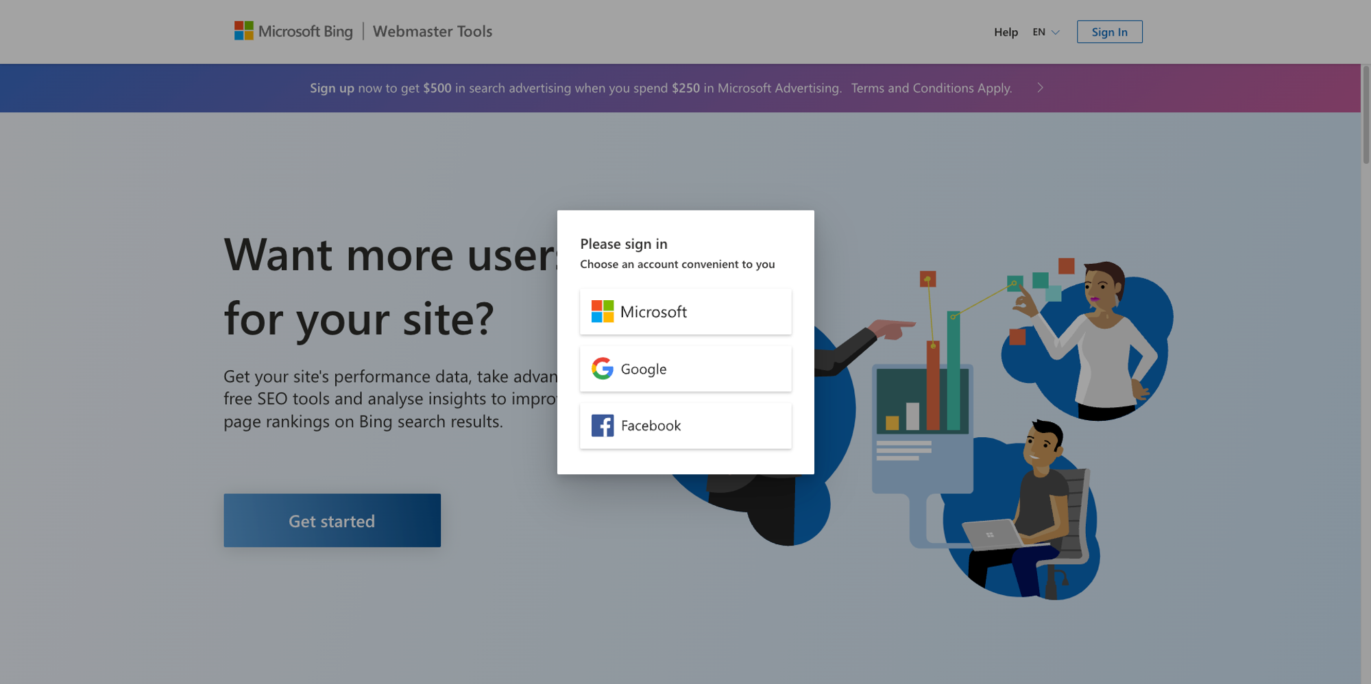 Bing Webmaster tools login - MS, Google, Facebook