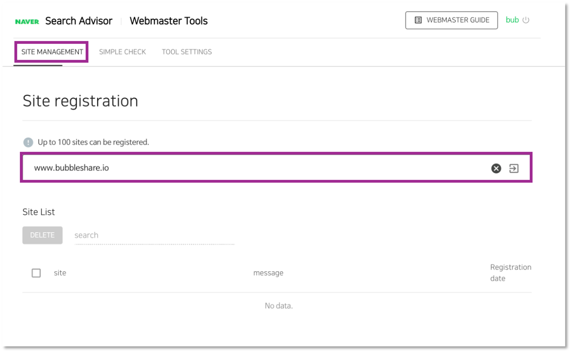 Site registration